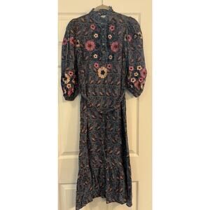 Antik Batik Dress XS Blue Midi Boho Embroidered Floral Balloon Sleeve Wedding